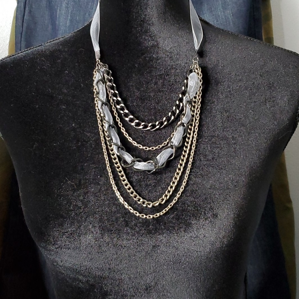 Layered necklace Black light blue multi layer‎ chain ribbon necklace